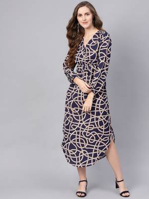 blue Linked Print Belted Wrap Dress 1