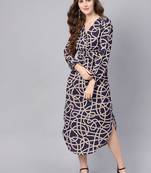 blue Linked Print Belted Wrap Dress