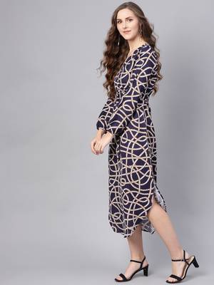 blue Linked Print Belted Wrap Dress 2