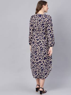 blue Linked Print Belted Wrap Dress 3
