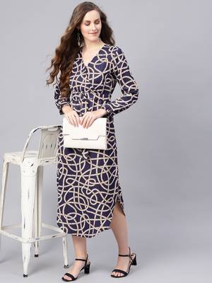 blue Linked Print Belted Wrap Dress 6
