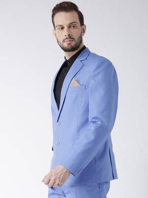 Blue Plain Viscose Stitched Men Blazers 4