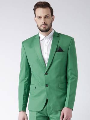 Green Plain Viscose Stitched Men Blazers 1