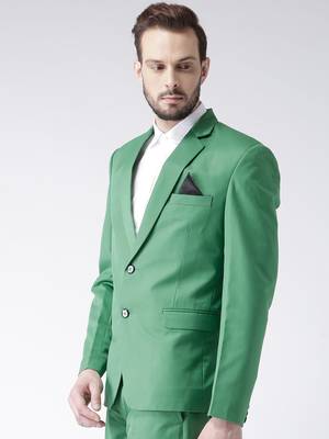 Green Plain Viscose Stitched Men Blazers 3