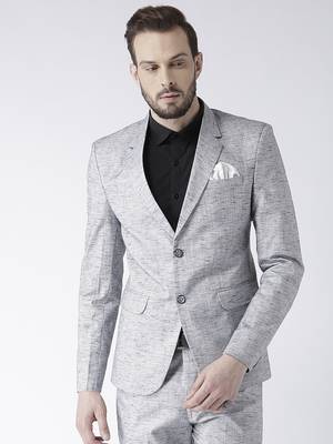 Grey Plain Linen Stitched Men Blazers 1