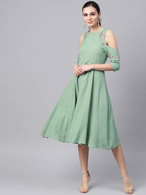 green Embroidered Cold Shoulder Dress 1