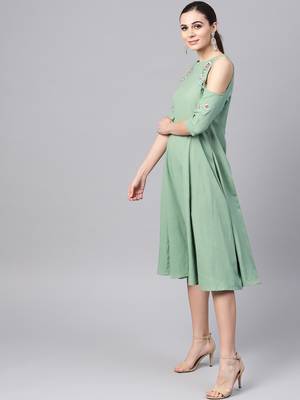 green Embroidered Cold Shoulder Dress 2