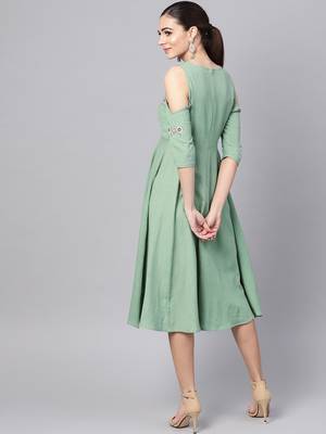green Embroidered Cold Shoulder Dress 3