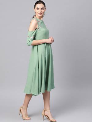 green Embroidered Cold Shoulder Dress 4