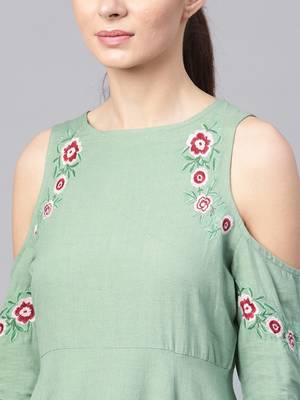 green Embroidered Cold Shoulder Dress 5