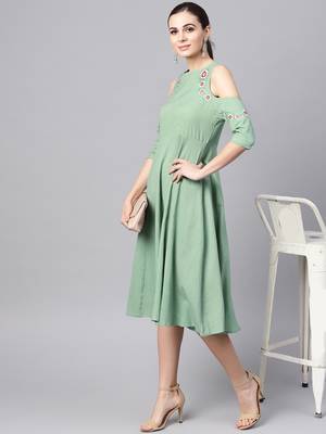 green Embroidered Cold Shoulder Dress 6