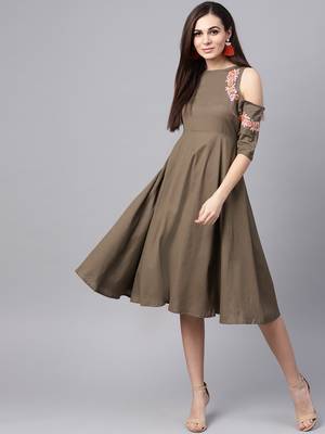 Brown Embroidered Cold Shoulder Dress 1