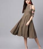 Brown Embroidered Cold Shoulder Dress