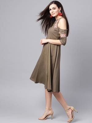 Brown Embroidered Cold Shoulder Dress 2