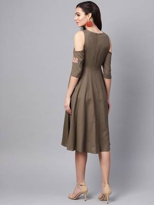 Brown Embroidered Cold Shoulder Dress 3