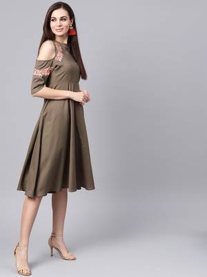 Brown Embroidered Cold Shoulder Dress 4