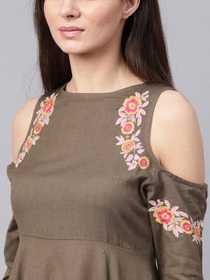 Brown Embroidered Cold Shoulder Dress 5