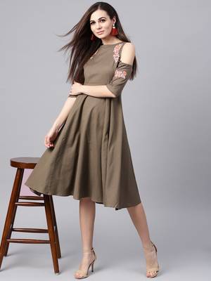 Brown Embroidered Cold Shoulder Dress 6