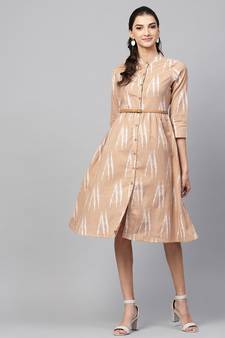 Brown ikat Front Open Belted Dress