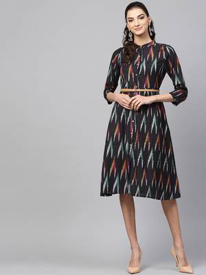 Black ikat Front Open Belted Dress 1