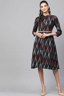 Black ikat Front Open Belted Dress