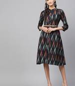 Black ikat Front Open Belted Dress