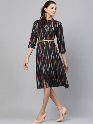 Black ikat Front Open Belted Dress 2