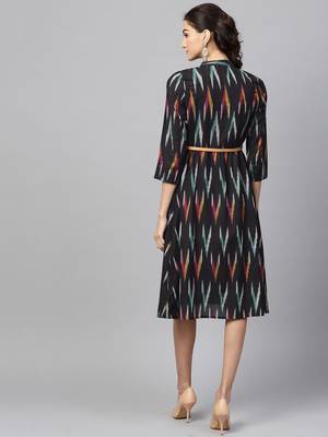 Black ikat Front Open Belted Dress 3