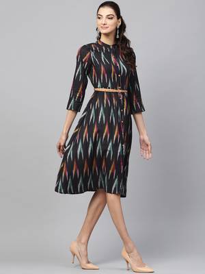 Black ikat Front Open Belted Dress 4
