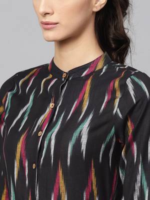 Black ikat Front Open Belted Dress 5