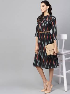 Black ikat Front Open Belted Dress 6