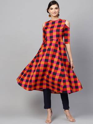 Multi Check Cold Shoulder Anarkali 1