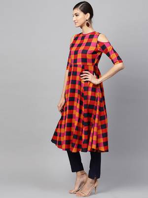 Multi Check Cold Shoulder Anarkali 2