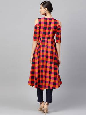 Multi Check Cold Shoulder Anarkali 3