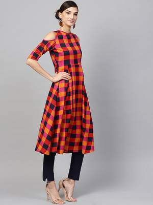 Multi Check Cold Shoulder Anarkali 4