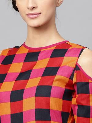 Multi Check Cold Shoulder Anarkali 5