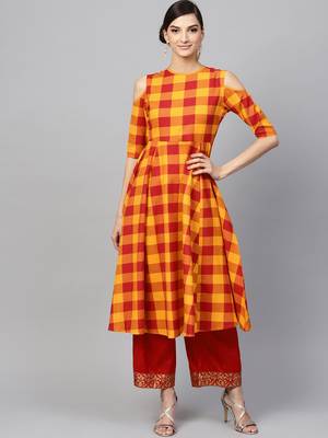 Yellow Check Cold Shoulder Anarkali 1