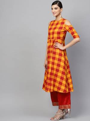 Yellow Check Cold Shoulder Anarkali 2