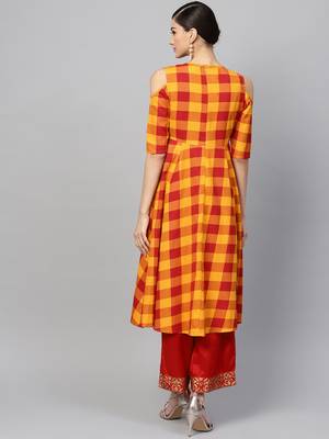 Yellow Check Cold Shoulder Anarkali 3