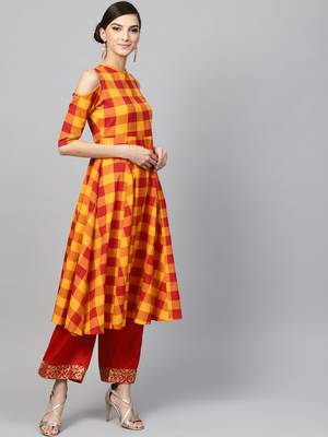 Yellow Check Cold Shoulder Anarkali 4