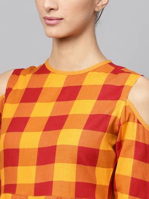 Yellow Check Cold Shoulder Anarkali 5