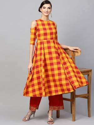 Yellow Check Cold Shoulder Anarkali 6