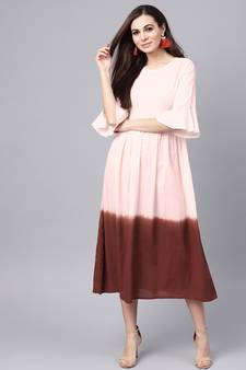 Brown Cotton Plain A Line Midi Dress with Flared Sleeves