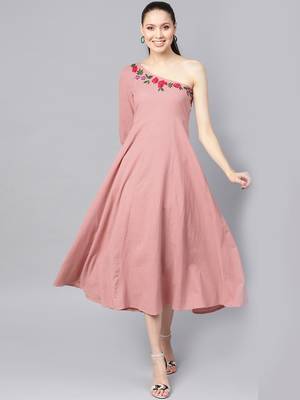 Pink Embroidered One Shoulder Midi 1