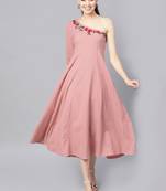 Pink Embroidered One Shoulder Midi