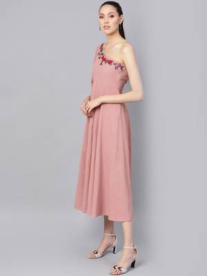Pink Embroidered One Shoulder Midi 2