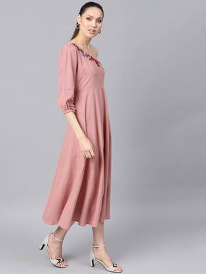 Pink Embroidered One Shoulder Midi 4
