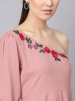 Pink Embroidered One Shoulder Midi 5