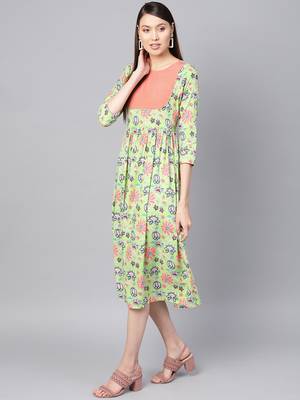 Green floral_print Gathered Yoke Dress 2