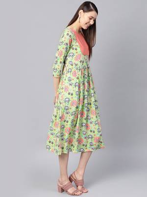 Green floral_print Gathered Yoke Dress 4